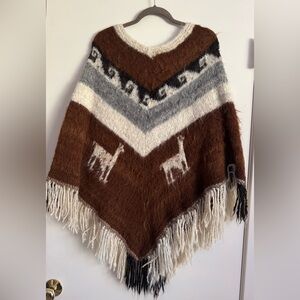 Vintage Handmade Alpaca/Wool Poncho – Brown, Cream & Gray with Fringe